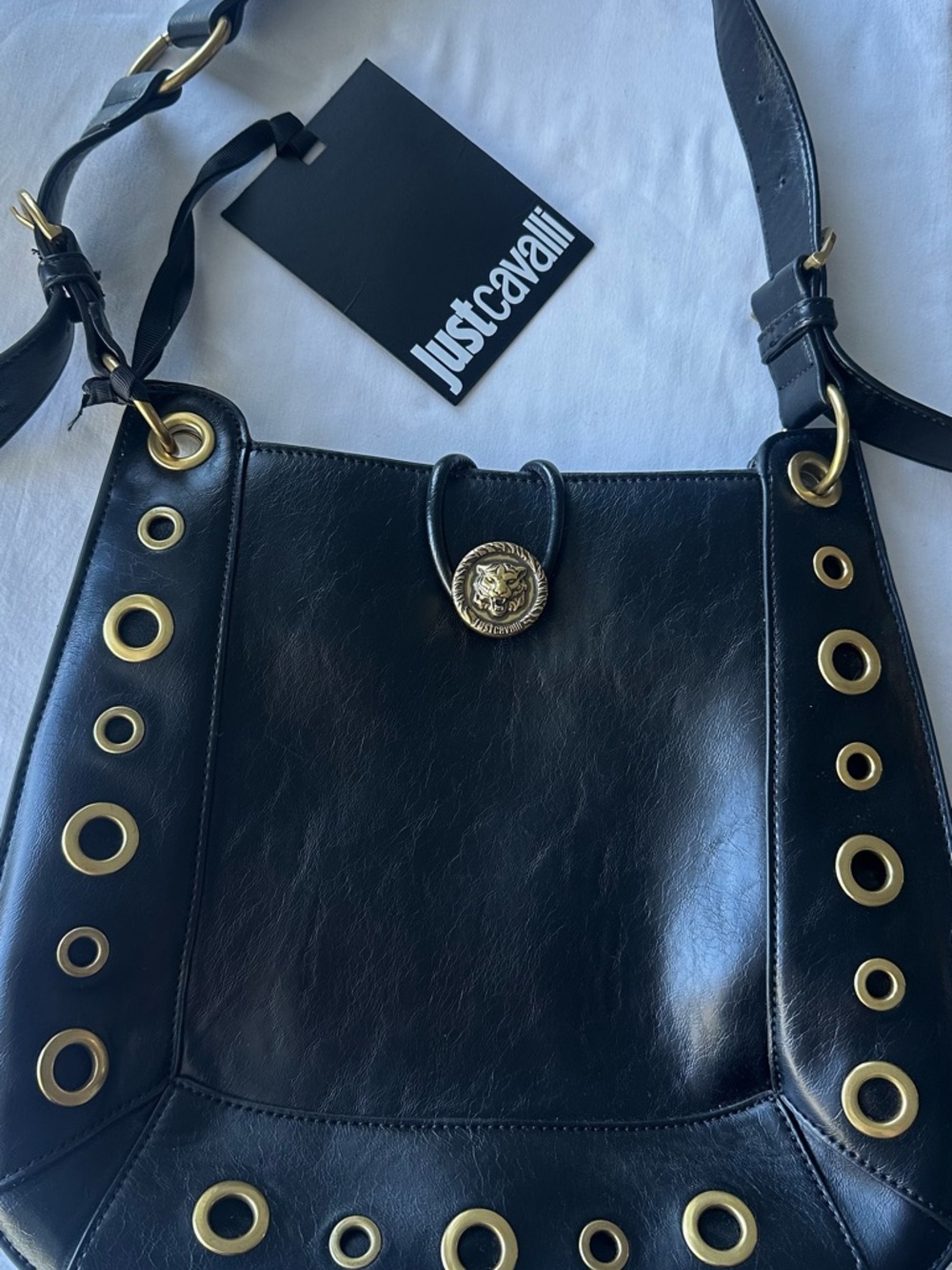 Just Cavalli Black Leather Shoulder Bag with Gold-Tone Grommets and Medallion